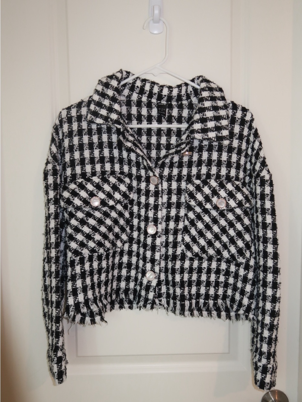 Black & White Plaid Tweed Crop Jacket